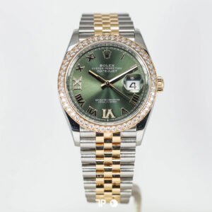 A4688 <span style="display:none;">Rolex</span> Datejust 36 RBR Twotone Yellow Gold Green Diamond on VI & IX Roman Dial (2023)